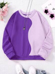 SHEIN Tween Girl Colorblock Round Neck Long Sleeve Loose Casual Sweatshirt, Autumn/Winter - Purple - View 1