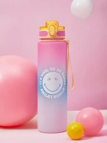 SmileyWorld® | SHEIN Botella de agua potable de 1000 ml/35 oz con tapa abatible, impresa con dibujos animados y eslogan, de PCTG, con degradado - Multicolor - Ver 2