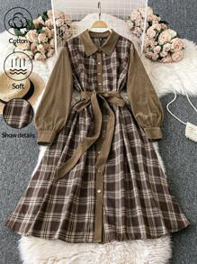 SHEIN LUNE 大码女式格子纯色拼布长袖连衣裙