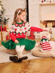 Maglione natalizio per giovani ragazze con disegni di orso, cuore, disegno Fair Isle e pompon - morbido, caldo, confortevole, collo equipaggio, manica raglan per vacanze, feste, strati - maglione lavorato a maglia per autunno/inverno