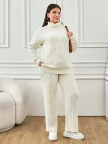 RueChic Plus Cable Knit 2 Piece Sweater And Pants - White - View 4