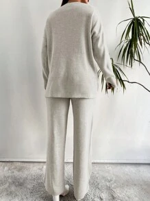 EURMUSE Drop Shoulder Sweater & Knit Pants - Beige - View 2