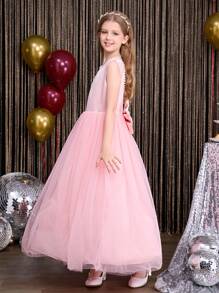 SHEIN Tween Girls Pink V-Neck Backless Butterfly Decor Mesh Dress, Elegant Party Gown Suitable For Outdoor And Indoor Events - Pink - View 5