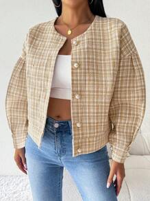 Chiquease Women's Large Metal Pearl Button Casual Plaid Jacket - Khaki - View 6