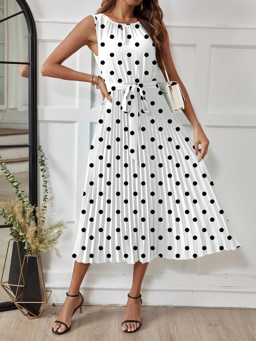 SHEIN Clasi Women's Round Neck Sleeveless Polka Dot Black And White Pleated Waist Tie Dress, Elegant - Black and White - View 1