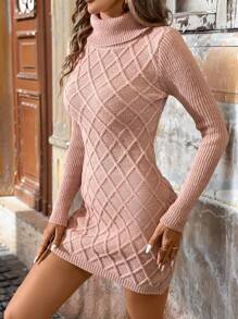 SHEIN Clasi Vestido de suéter de punto corto color caqui de manga larga con cuello alto elegante para mujeres