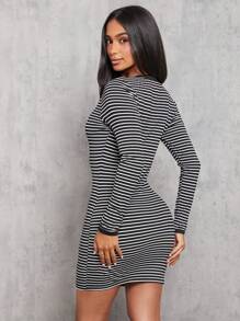 SHEIN PETITE Black And White Striped Knitted High Stretch Tight Women's Long Sleeve Mini Dress - Black and White - View 3