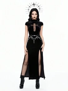 ROMWE Goth 1 pieza Cinturón negro de estilo gótico con cruz y doble cadena para vestidos de mujer