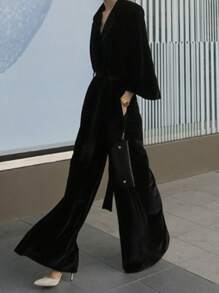 DAZY Women's Solid Color Lapel Collar Long Sleeve Elegant Velvet Wide Leg Jumpsuit,Back To School Clothes