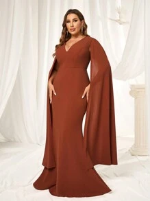 SHEIN Belle Plus Size Elegant Simple Caramel Stretch Fabric Deep V Neck Shawl Long Sleeve Fishtail Type Formal Dresses Bridesmaid Dresses