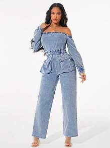 SHEIN SXY Mono vaquero casual con hombros descubiertos para mujer, primavera otoño