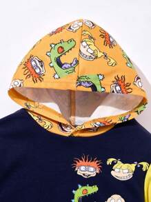 Nick 90s X SHEIN Tuta da 2 pezzi composta da felpa con cappuccio e pantaloni garzati a blocchi di colore con grafica di dinosauro per bambini maschi
