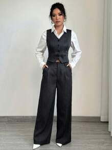 Elenzga Conjunto de blazer de rayas casual y pantalones de traje para mujer
