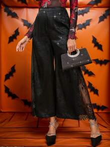 SHEIN Clasi Damen modische schwarze Hose mit Spitzen-Patchwork für Herbst & Winter - Schwarz - Übersicht 3
