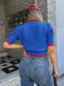 Forever 21 Jesień i zima Kobiety Żółty i czerwony dzianinowy wiśniowy graficzny/Halloween/Boże Narodzenie/Golf/Uroczy/Stroje panieńskie/Vintage/Podstawowe/Okrągły dekolt/Powrót do szkoły/Powrót do domu/Kontrast kolorów/Swobodny/Krótkie rękawy/Podstawowy/Rękawy bufiaste/Sweter