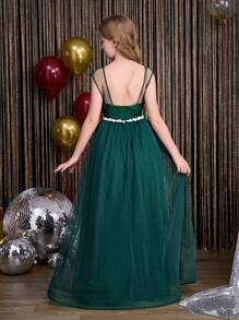 SHEIN Vestido Verde com Contraste em Tela para Meninas Adolescentes, Decote Canoa com Babados e Costas Abertas, Bainha com Bordado Floral, Vestido de Festa Elegante Adequado para Natal, Halloween, Páscoa e Outras Festas - Verde Escuro - Visão 2