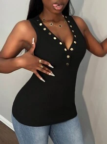 Slaydiva Casual Sexy Solid Color Rib-Knit Button V-Neck Camisole For Women - Black - View 1