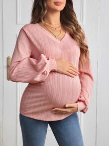 SHEIN Maternity V-Neck Bishop Sleeve Solid Color T-Shirt - Pink - View 3