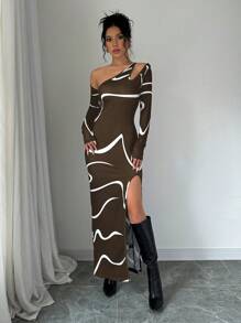 Elenzga 女士不对称抽象涂鸦印花长袖开衩连衣裙