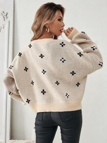 Chiquease 女式花卉图案宽松圆领蝙蝠袖长袖休闲针织毛衣，秋冬