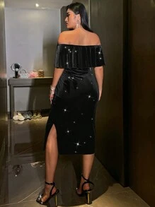 SHEIN Privé 大码女式天鹅绒亮片露肩修身中长款派对连衣裙 - 黑色 - 查看 2