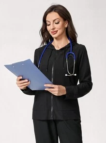 TaskEZ Top de uniforme médico con cremallera frontal de manga larga y capucha minimalista, pantalón informal de bolsillo doble, conjunto de enfermera, top de cuello redondo de uniforme médico, uniforme deportivo casual simple para limpieza