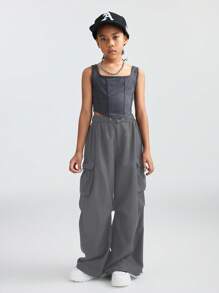 SHEIN Tween Girls Clothes Black Pants Back To School Frist Day Of School Clothes Clothes Mommy And Me Kpop Y2k Wide Leg Checkered Cargo Pants Football/Volleyball Halloween Costume Christmas Sweatpants Spring/Fall/Winter