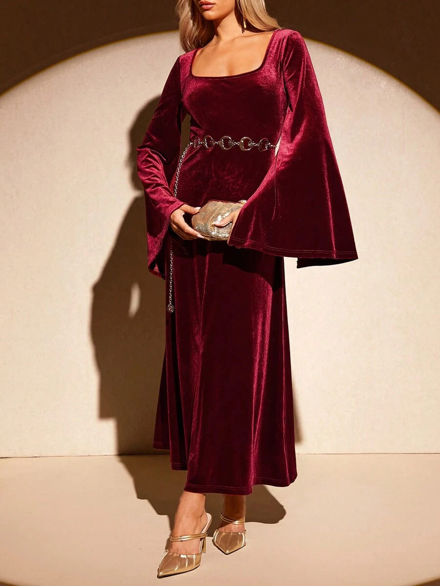 SHEIN Clasi Robe bordeaux polyvalente et à la mode avec décolleté en U pour femmes, automne/hiver - Rouge foncé - Voir 1