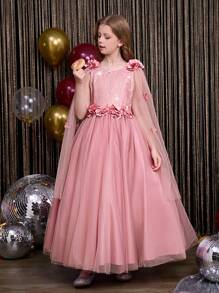 SHEIN 2024 New Design Tween Girl Princess Dress, Child Flower Girl Wedding Gown, Tween Girl Formal Occasion Puffy Tulle Ball Gown, Suitable For Halloween, Christmas, Easter And Other Holidays
