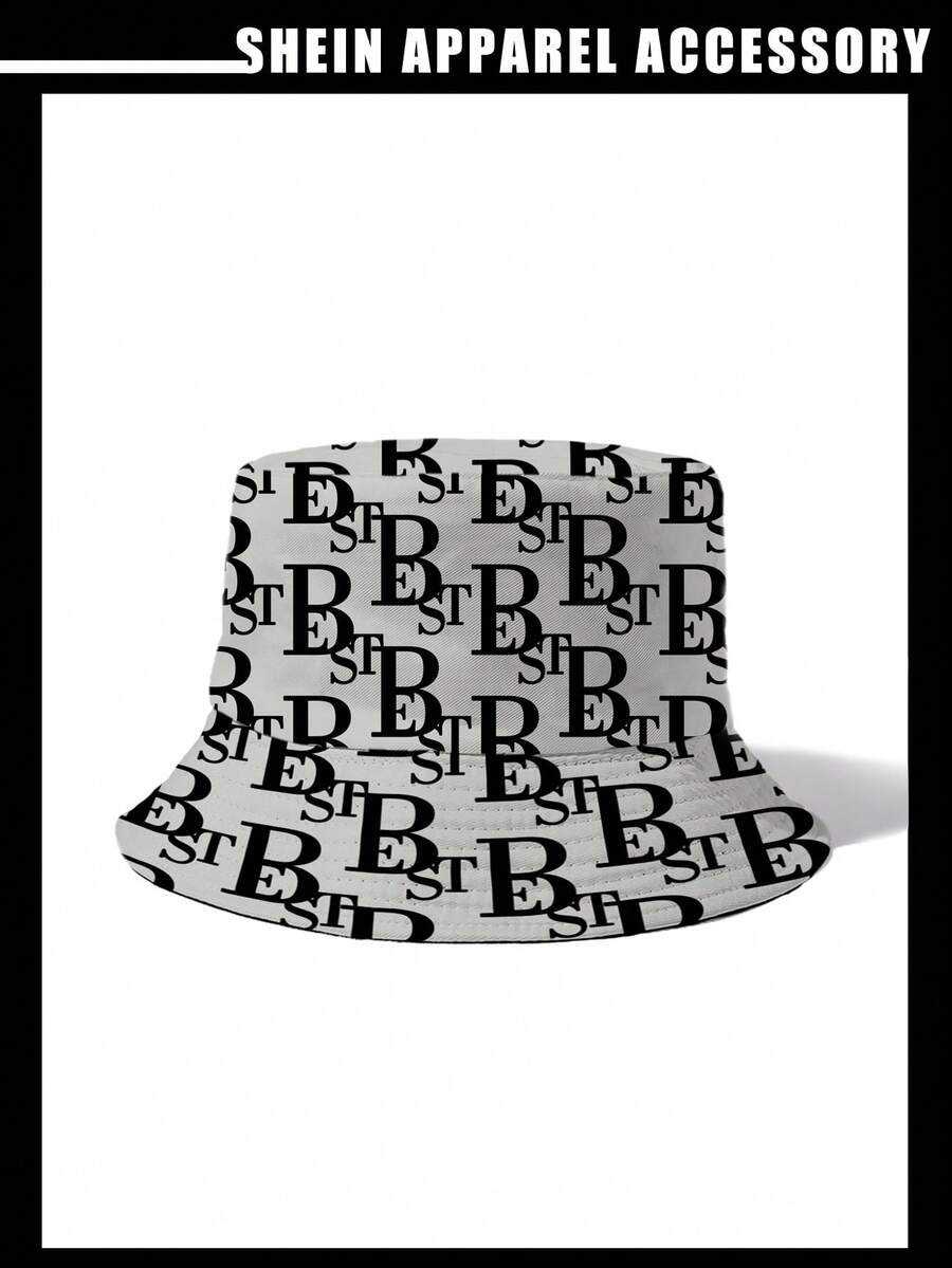 SHEIN 1 件女式双面全字母印花渔夫帽 - 黑與白 - 查看 1