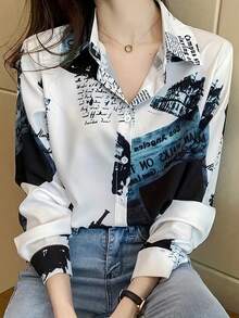 Women's Casual Color Block Newspaper Print Shirt, Spring/Autumn,Long Sleeve Tops