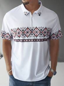 Manfinity Homme 大码男士休闲几何印花 Polo 衫，夏季 - 白色 - 查看 3