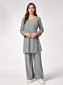 TaskEZ Women's Two-Piece Scrub Uniform Suit (Fashionable Casual Original Collar Solid Color Long Sleeve Scrub Uniform Top And Fashion Casual Women's Elastic Waistband Women's Straight Pants), Women's Breathable Anti-Pilling And Anti-Static Two-Piece Suit, Beauty Salon, Pet Hospital, Playground Work Clothes, Multi-Function Multi-Pocket Suit - Grey - View 6