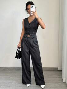 Elenzga Conjunto de blazer de rayas casual y pantalones de traje para mujer