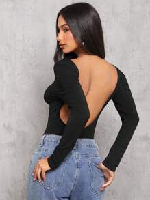 SHEIN PETITE Black High Elastic Knitted Tight Backless Long Sleeve Bodysuit - Black - View 3