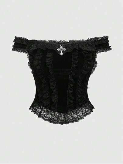 Goth Blusa hombros descubiertos para mujer tallas grandes de terciopelo y encaje con aplicaciones metálicas, para el verano