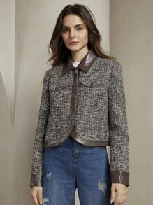 Anewsta Urban Style PU Patchwork Women's Plaid Long Sleeve Jacket - Brown - View 5