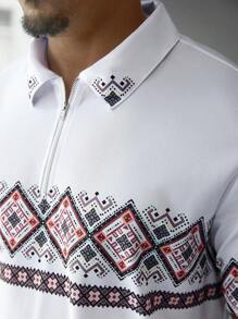 Manfinity Homme 大码男士休闲几何印花 Polo 衫，夏季 - 白色 - 查看 4