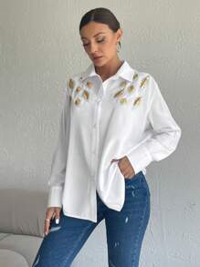 EURMUSE Golden Feather Glimmer Lapel Front Button Long Sleeve Blouse - White - View 8