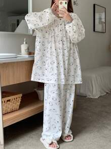 DAZY Bunny Pattern Allover Print Loose Mandarin Collar Top And Relaxed Straight Pants Pajama Set - Beige - View 4