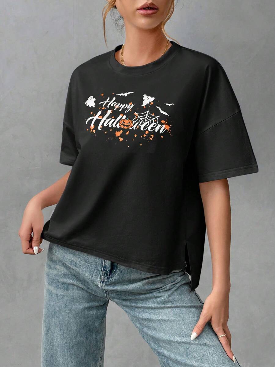 SHEIN Essnce 2024 Halloween Pumpkin Head, Spider, Ghost Print Loose Black Gothic Style Short Sleeve T-Shirt - Black - View 1