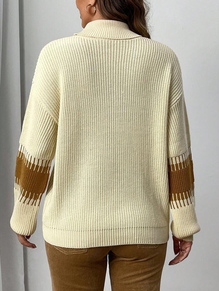 Women's Color-Block Jacquard Lantern Sleeve Turtleneck Sweater