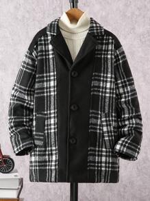 SHEIN Tween Boy Plaid Patchwork Vintage Thickened Mid-Length Overcoat, Autumn & Winter
