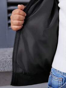 SHEIN Explorewe 2pcs Young Boys Classic Letterman Jacket With Embroidered Patch,Ribbed Collar & Cuffs,Winter,Career Day,Back-To-School - Black - View 6