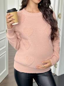 SHEIN Pregnant Women Heart Pattern Loose Round Neck Long Sleeve Casual Sweater, Autumn/Winter, For Maternity - Pink - View 3