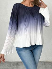 Allurite Women's Elegant Ombre Pleated Flare Sleeve Blouse, Spring Autumn