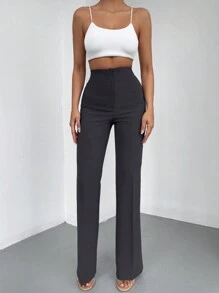 EURMUSE Damen Einfarbige Gerade Hochtaillierte Hosen für Lässig/Business Outfit - Dunkelgrau - Übersicht 3