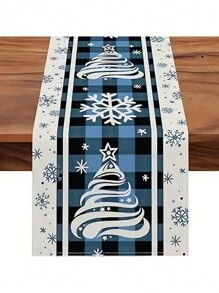 1pc Festive Christmas Tree Print Table Runner Blue Plaid And Snowflake Design - Perfect For Indoor And Outdoor Holiday Parties - Blue - View 1
