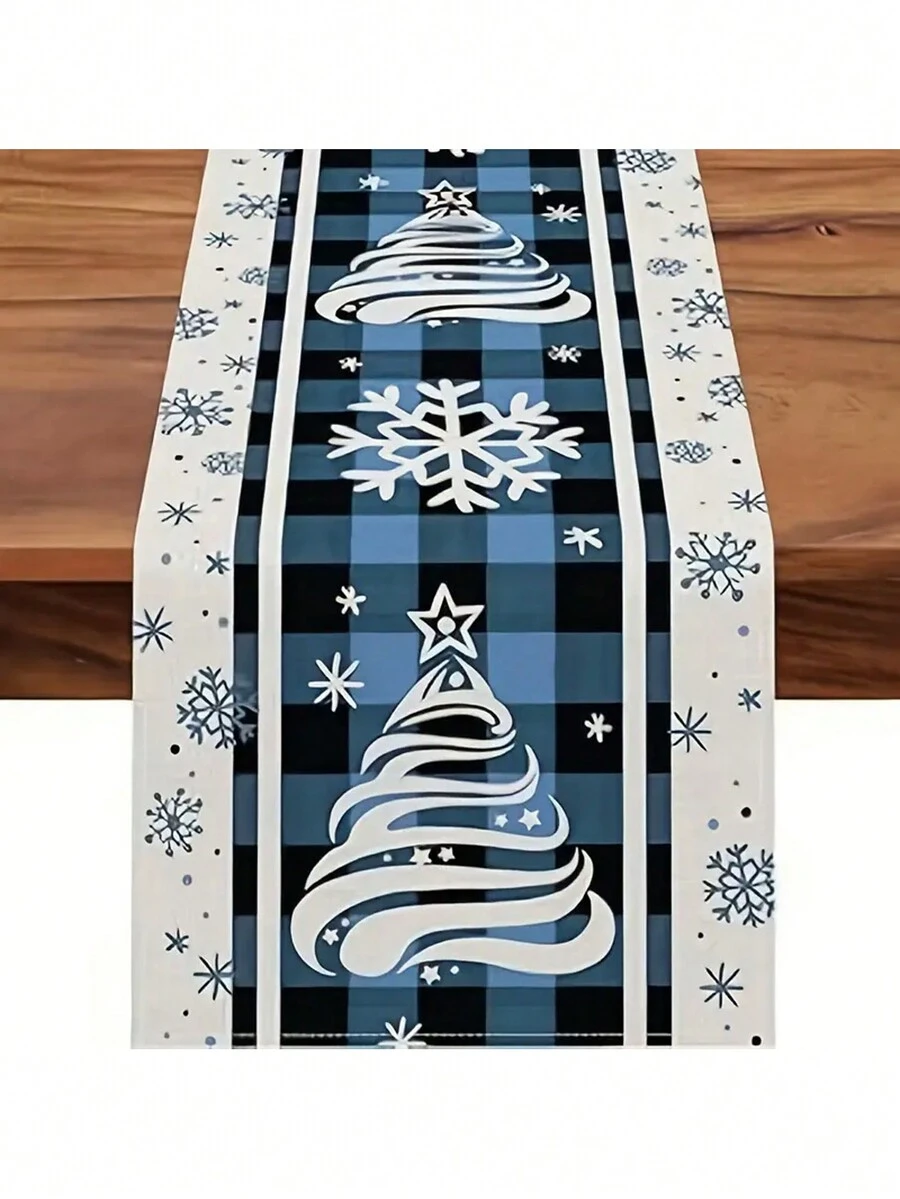 1pc Festive Christmas Tree Print Table Runner Blue Plaid And Snowflake Design - Perfect For Indoor And Outdoor Holiday Parties - Blue - View 1