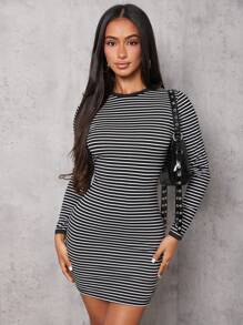SHEIN PETITE Black And White Striped Knitted High Stretch Tight Women's Long Sleeve Mini Dress - Black and White - View 2